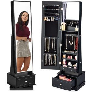 360 Swivel Mirrored Jewelry Cabinet with LED Mirror