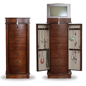Noelle Walnut Jewelry Armoire with Mirror and Drawers