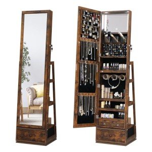 360 Swivel Jewelry Cabinet with Mirror - Rustic Brown