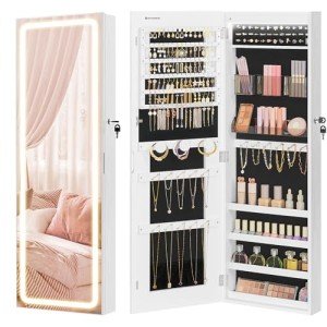 LED Mirror Jewelry Cabinet with Organizer - White