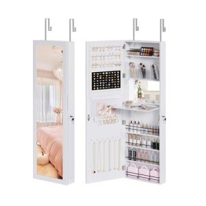Wall-Mounted Jewelry Organizer with Mirror - White