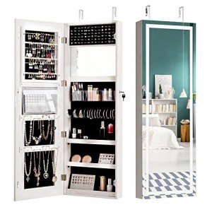 Wall-Mounted Mirrored Jewelry Armoire with LED Light