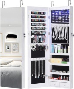 White Wall-Mounted Jewelry Cabinet with Full-Length Mirror