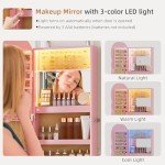 Pink LED Jewelry Armoire with Lockable Mirror