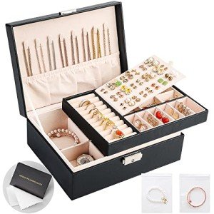 2-Layer Leather Jewelry Organizer Box with Lock