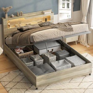 Lift-Up Storage Bed Frame with Charging Station