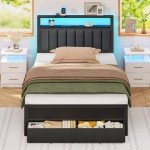 Grey Upholstered Twin Bed Frame with Charging Station