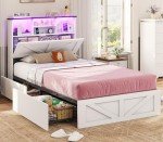 Farmhouse Twin Bed Frame with Storage & LED Lights
