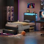 Grey Upholstered Twin Bed Frame with Charging Station