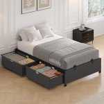 Twin Size Bed Frame with Storage Drawers - Dark Grey