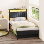 Grey Upholstered Twin Bed Frame with Charging Station