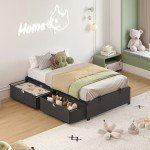 Twin Size Bed Frame with Storage Drawers - Dark Grey