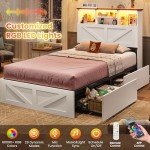 Farmhouse Twin Bed Frame with Storage & LED Lights