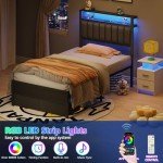 Grey Upholstered Twin Bed Frame with Charging Station