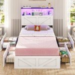 Farmhouse Twin Bed Frame with Storage & LED Lights
