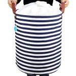 Navy Stripe Drawstring Laundry Basket with Lid