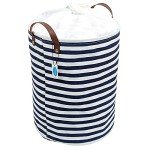 Navy Stripe Drawstring Laundry Basket with Lid