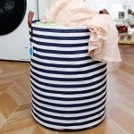 Navy Stripe Drawstring Laundry Basket with Lid