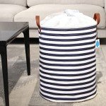 Navy Stripe Drawstring Laundry Basket with Lid