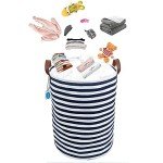 Navy Stripe Drawstring Laundry Basket with Lid