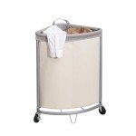 Beige Rolling Laundry Hamper with Steel Frame