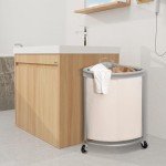 Beige Rolling Laundry Hamper with Steel Frame