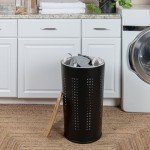 Matte Black Round Steel Laundry Hamper with Lid