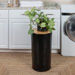 Matte Black Round Steel Laundry Hamper with Lid
