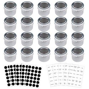 20 Magnetic Spice Tins with Clear Lids and Labels