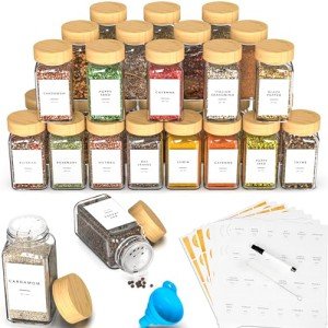 24 Glass Spice Jars with Bamboo Lids & Labels