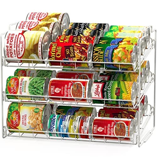 Stackable Can Rack Organizer for Kitchen Pantry, holds up to 36 cans, white metal rack.