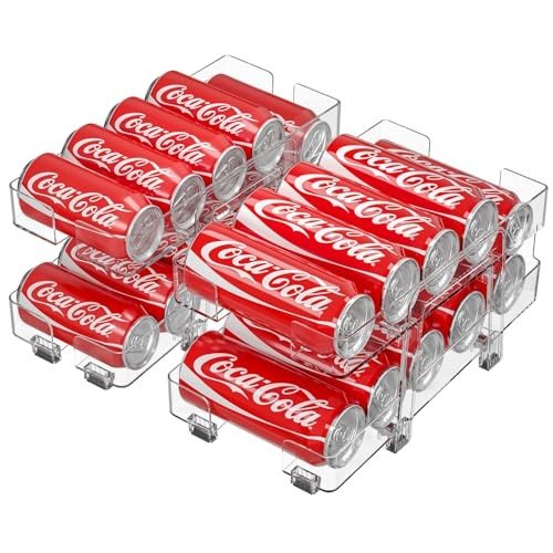 Adjustable 2-Tier Soda Can Organizer, clear plastic gravity-fed dispenser for mini and tall cans.