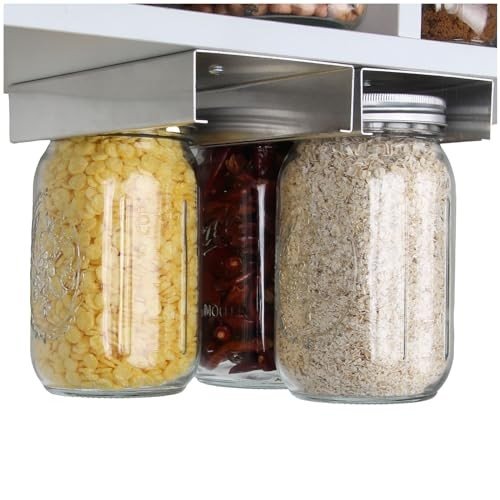 Mason Jar Organizer Rack for Food Storage, aluminum alloy rack designed to hold mason jars under a shelf.