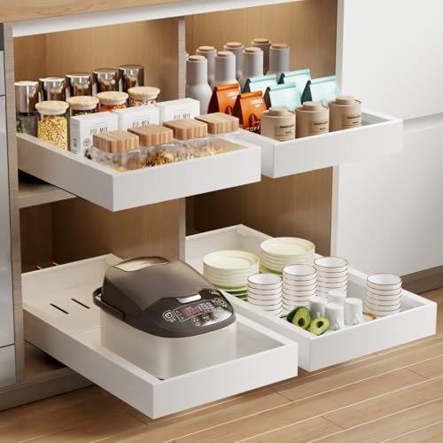 MUSTORN 2-pack depth-adjustable pull-out cabinet organizers made of heavy duty carbon steel.
