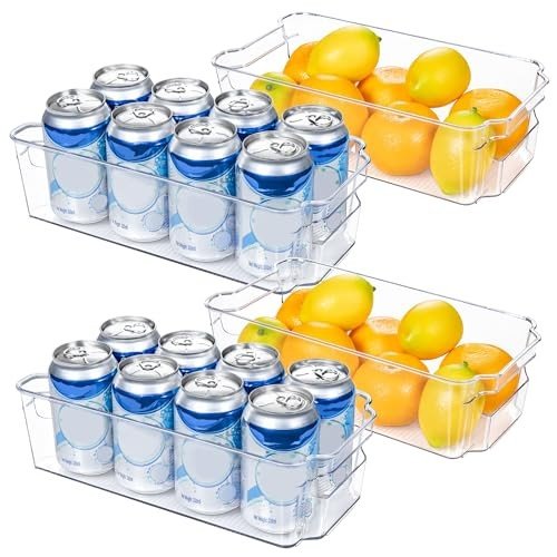 HOOJO 4-pack clear plastic refrigerator storage bins with built-in handles.