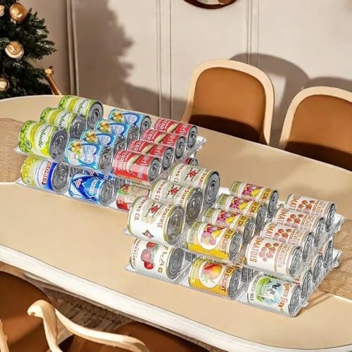 Clear 2-tier can organizer for pantry storage with automatic sliding mechanism.