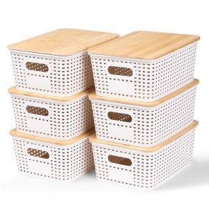 Plastic Storage Bins with Bamboo Lids - 6 Qt