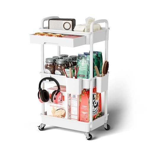 Sorgion 3-tier rolling cart (White) includes a drawer, cup holders, and hooks