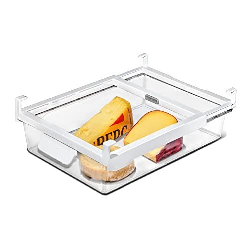 Clear OXO Undershelf Refrigerator Drawer with adjustable frame and rounded handle.