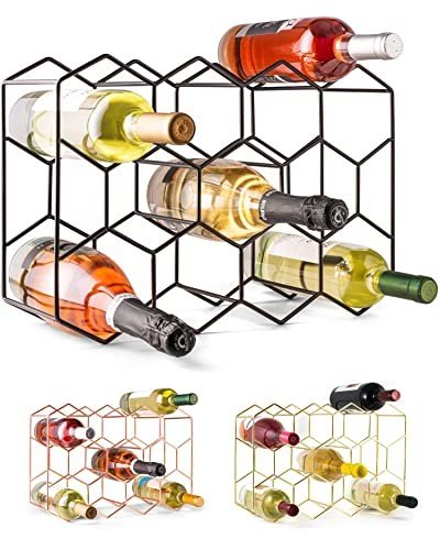 Modern black metal wine rack holding 14 bottles, with rust resistant coating.