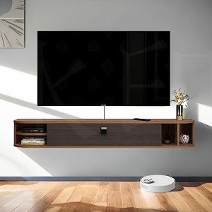 Walnut Floating TV Stand with Storage Shelves