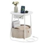 Round Side Table with Charging Station & Basket