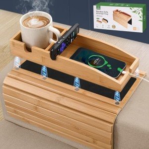 Magnetic Bamboo Couch Arm Tray and Cup Holder