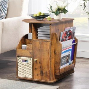 Rustic Brown Rotating End Table with Storage