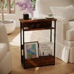 Rustic Brown Slim Side Table with Storage Shelf