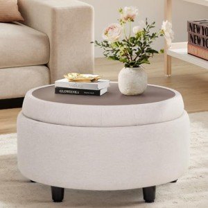 Beige Round Storage Ottoman with Reversible Tray