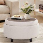 Beige Round Storage Ottoman with Reversible Tray