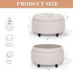 Beige Round Storage Ottoman with Reversible Tray