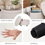Beige Round Storage Ottoman with Reversible Tray