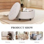Beige Round Storage Ottoman with Reversible Tray